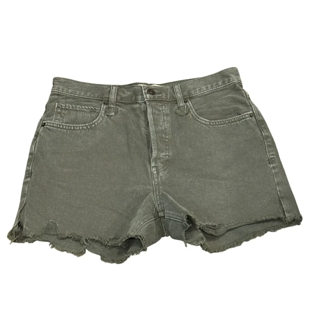 We The Free Free People Olive Green Denim Cut Off Shorts Button Fly Size 28S